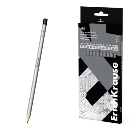 ErichKrause Art Pack de 12 Lapices de Grafito - Durezas Surtidas 5H-5B - Cuerpo Hexagonal - Pegado Completo de la Mina - Agarre Ergonomico - Color Plata