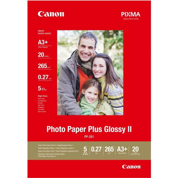 Canon PP-201 Papel Fotografico Plus Glossy II A3+ 32.9x42.3cm Brillo 265gr 20 Hojas Canon PP-201 Papel Fotografico Plus Glossy II A3+ 32.9x42.3cm Brillo 265gr 20 Hojas