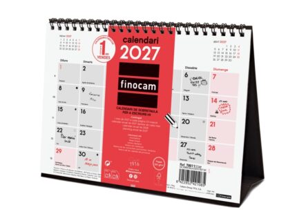Finocam Neutro Calendario de Sobremesa en Catalan - Anual 2027 - Mes Vista - Formato S - 210x150mm - Espiral Doble - Papel de 120g/m2 - Espacio para Escribir - Color Rojo y Blanco