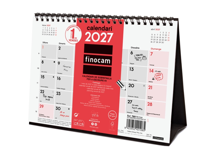 Finocam Neutro Calendario de Sobremesa en Catalan - Anual 2027 - Mes Vista - Formato S - 210x150mm - Espiral Doble - Papel de 120g/m2 - Espacio para Escribir - Color Rojo y Blanco Finocam Neutro Calendario de Sobremesa en Catalan - Anual 2027 - Mes Vista - Formato S - 210x150mm - Espiral Doble - Papel de 120g/m2 - Espacio para Escribir - Color Rojo y Blanco