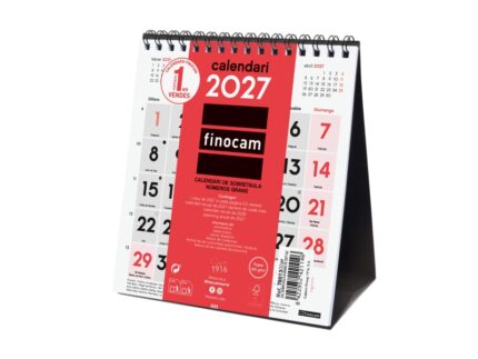 Finocam Neutro Calendario de Sobremesa en Catalan - Anual 2027 - Mes Vista - Formato XS - 140x150mm - Espiral Doble - Papel de 120g/m2 - Numeros Grandes - Color Rojo y Blanco