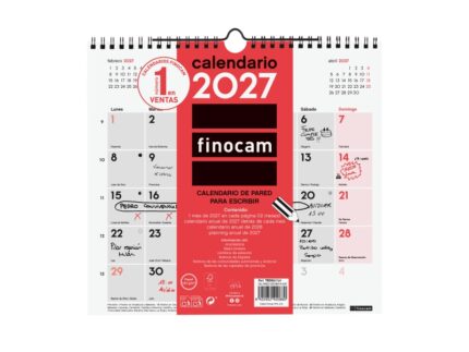 Finocam Neutro Calendario de Pared - Anual 2027 - Mes Vista - Formato M - 265x245mm - Espiral Doble - Papel de 120g/m2 - Espacio para Escribir - Color Rojo y Blanco