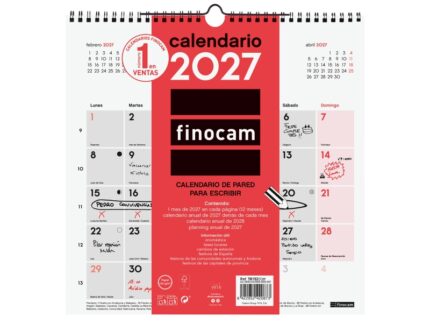 Finocam Neutro Calendario de Pared - Anual 2027 - Mes Vista - 300x300mm - Espiral Doble - Papel de 120g/m2 - Espacio para Escribir - Color Rojo y Blanco