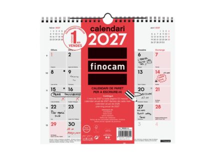 Finocam Neutro Calendario de Pared en Catalan - Anual 2027 - Mes Vista - Formato M - 265x245mm - Espiral Doble - Papel de 120g/m2 - Espacio para Escribir - Color Rojo y Blanco