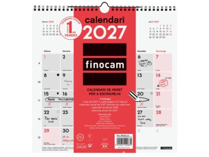 Finocam Neutro Calendario de Pared en Catalan - Anual 2027 - Mes Vista - 300x300mm - Espiral Doble - Papel de 120g/m2 - Espacio para Escribir - Color Rojo y Blanco