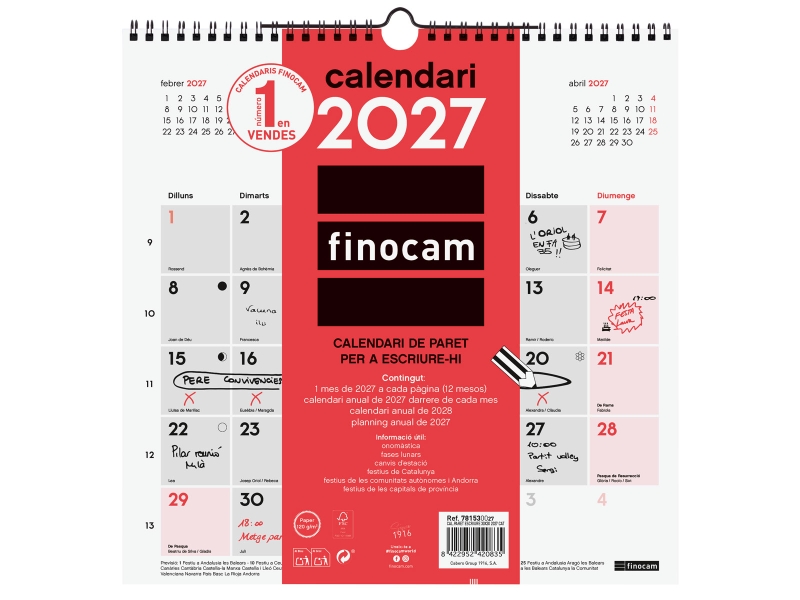 Finocam Neutro Calendario de Pared en Catalan - Anual 2027 - Mes Vista - 300x300mm - Espiral Doble - Papel de 120g/m2 - Espacio para Escribir - Color Rojo y Blanco Finocam Neutro Calendario de Pared en Catalan - Anual 2027 - Mes Vista - 300x300mm - Espiral Doble - Papel de 120g/m2 - Espacio para Escribir - Color Rojo y Blanco