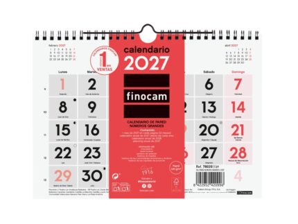 Finocam Neutro Calendario de Pared - Anual 2027 - Mes Vista - Formato S - 210x150mm - Espiral Doble - Papel de 120g/m2 - Numeros Grandes - Color Rojo y Blanco