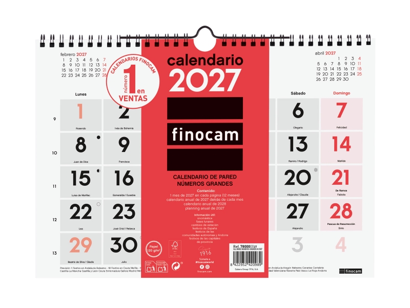 Finocam Neutro Calendario de Pared - Anual 2027 - Mes Vista - Formato M - 300x210mm - Espiral Doble - Papel de 120g/m2 - Numeros Grandes - Color Rojo y Blanco Finocam Neutro Calendario de Pared - Anual 2027 - Mes Vista - Formato M - 300x210mm - Espiral Doble - Papel de 120g/m2 - Numeros Grandes - Color Rojo y Blanco