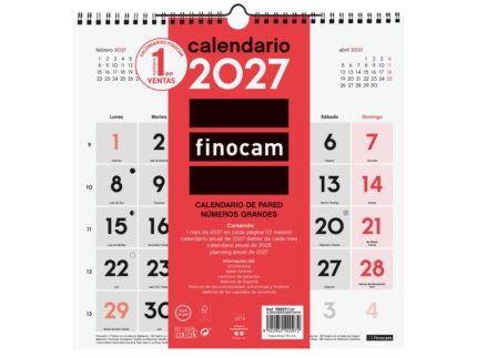 Finocam Neutro Calendario de Pared - Anual 2027 - Mes Vista - 300x300mm - Espiral Doble - Papel de 120g/m2 - Numeros Grandes - Color Rojo y Blanco