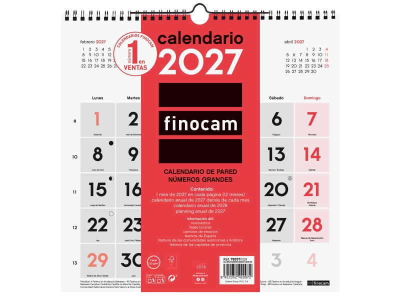 Finocam Neutro Calendario de Pared - Anual 2027 - Mes Vista - 300x300mm - Espiral Doble - Papel de 120g/m2 - Numeros Grandes - Color Rojo y Blanco Finocam Neutro Calendario de Pared - Anual 2027 - Mes Vista - 300x300mm - Espiral Doble - Papel de 120g/m2 - Numeros Grandes - Color Rojo y Blanco