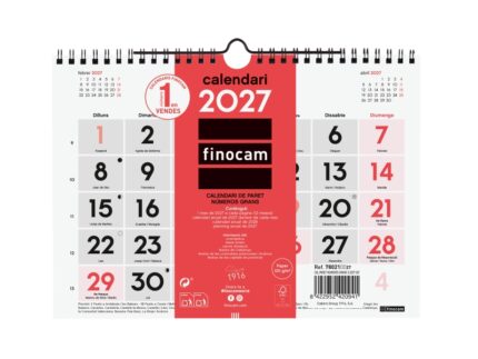 Finocam Neutro Calendario de Pared en Catalan - Anual 2027 - Mes Vista - Formato S - 210x150mm - Espiral Doble - Papel de 120g/m2 - Numeros Grandes - Color Rojo y Blanco