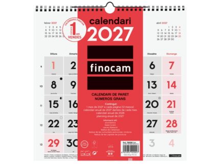 Finocam Neutro Calendario de Pared en Catalan - Anual 2027 - Mes Vista - 300x300mm - Espiral Doble - Papel de 120g/m2 - Numeros Grandes - Color Rojo y Blanco