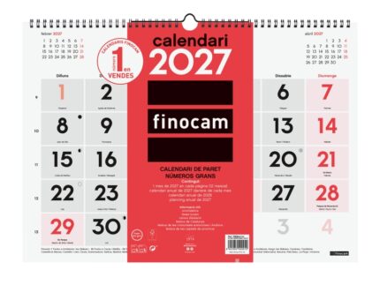 Finocam Neutro Calendario de Pared en Catalan - Anual 2027 - Mes Vista - Formato L - 430x310mm - Espiral Doble - Papel de 120g/m2 - Numeros Grandes - Color Rojo y Blanco
