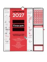 Finocam Neutro Calendario de Pared - Anual 2027 - Mes Vista - 300x340mm - Espiral Doble - Papel de 140g/m2 - Espacio para Escribir - Pegatinas Tematicas - Color Rojo y Blanco
