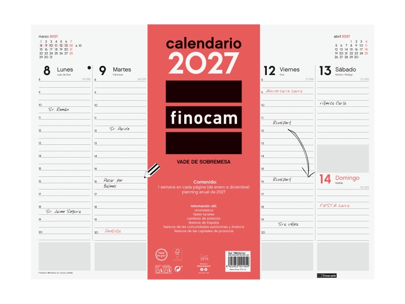 Finocam Neutro Vade Calendario - Anual 2027 - Semana Vista Vertical - 420x310mm - Encolado - Papel de 90g/m2 - Espacio para Notas - Color Rojo y Blanco