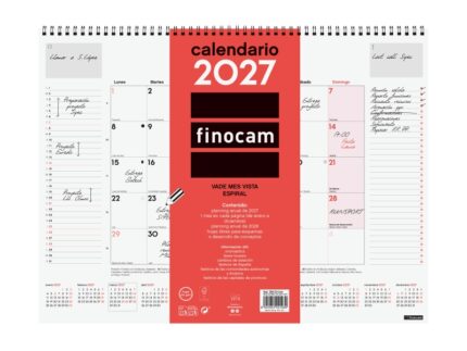 Finocam Neutro Vade Calendario - Anual 2027 - Mes Vista - 420x310mm - Espiral Doble - Papel de 150g/m2 - Espacio para Escribir - Color Rojo y Blanco