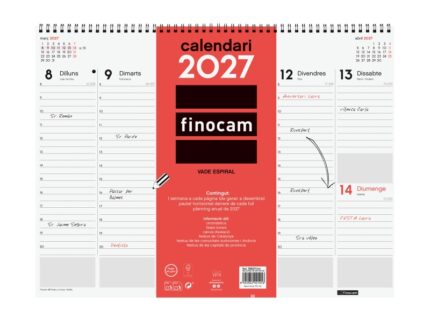 Finocam Neutro Vade Calendario en Catalan - Anual 2027 - Semana Vista Vertical - 420x310mm - Espiral Doble - Papel de 90g/m2 - Espacio para Notas - Tapas de Polipropileno - Color Rojo y Blanco