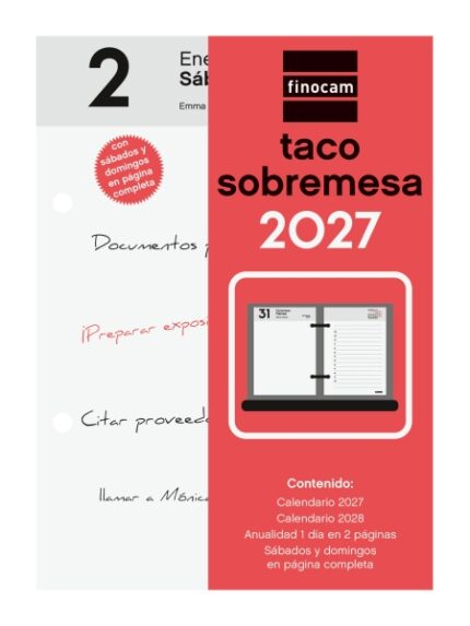 Finocam Neutro Taco Calendario de Sobremesa - Anual 2027 - 2 Paginas por Dia - 85x120mm - Papel de 70g/m2 - Color Rojo y Blanco