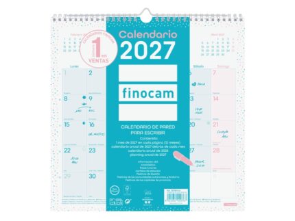 Finocam Chic Calendario de Pared - Anual 2027 - Mes Vista - 300x300mm - Espiral Doble - Papel de 120g/m2 - Espacio para Escribir - Color Turquesa