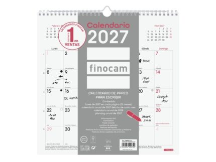 Finocam Chic Calendario de Pared - Anual 2027 - Mes Vista - 300x300mm - Espiral Doble - Papel de 120g/m2 - Espacio para Escribir - Color Blanco