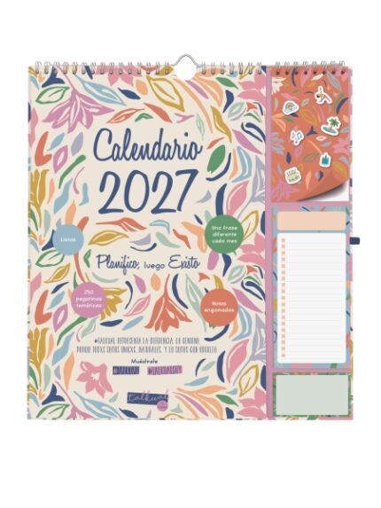 Finocam Talkual Calendario de Pared - Anual 2027 - Mes Vista - 300x340mm - Espiral Doble - Papel de 140g/m2 - Espacio para Escribir - Pegatinas Tematicas