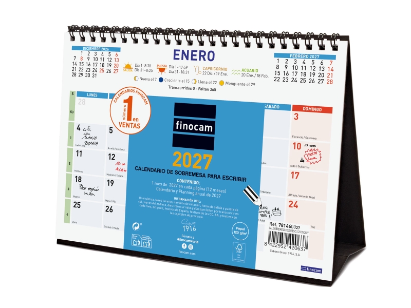 Finocam Color Calendario de Sobremesa - Anual 2027 - Mes Vista - Formato S - 210x150mm - Espiral Doble - Papel de 120g/m2 - Espacio para Escribir - Color Azul y Blanco Finocam Color Calendario de Sobremesa - Anual 2027 - Mes Vista - Formato S - 210x150mm - Espiral Doble - Papel de 120g/m2 - Espacio para Escribir - Color Azul y Blanco