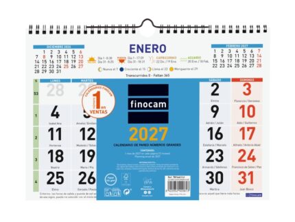 Finocam Color Calendario de Pared - Anual 2027 - Mes Vista - Formato M - 300x210mm - Espiral Doble - Papel de 120g/m2 - Numeros Grandes - Color Azul y Blanco