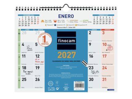 Finocam Color Calendario de Pared - Anual 2027 - Mes Vista - 300x247mm - Espiral Doble - Papel de 120g/m2 - Espacio para Escribir - Color Azul y Blanco