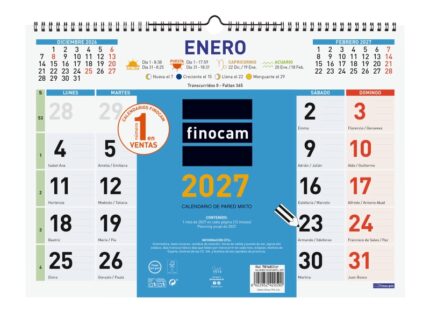 Finocam Color Calendario de Pared - Anual 2027 - Mes Vista - Formato L - 430x310mm - Espiral Doble - Papel de 120g/m2 - Color Azul y Blanco