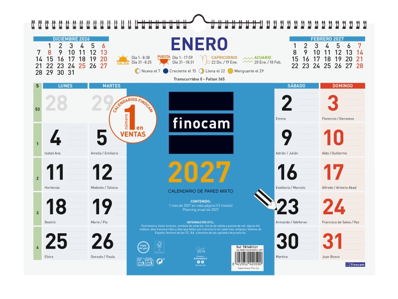 Finocam Color Calendario de Pared - Anual 2027 - Mes Vista - Formato L - 430x310mm - Espiral Doble - Papel de 120g/m2 - Color Azul y Blanco Finocam Color Calendario de Pared - Anual 2027 - Mes Vista - Formato L - 430x310mm - Espiral Doble - Papel de 120g/m2 - Color Azul y Blanco