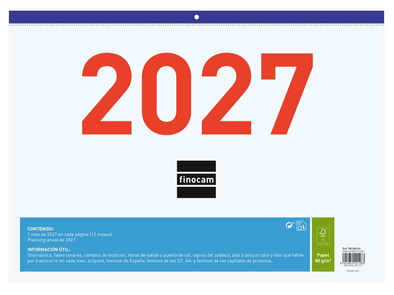 Finocam Calendario Faldilla - Anual 2027 - Mes Vista - Formato F94 - 430x310mm - Papel de 80g/m2 Microperforado - Numeros Grandes - Espacio para Notas - Color Azul y Blanco Finocam Calendario Faldilla - Anual 2027 - Mes Vista - Formato F94 - 430x310mm - Papel de 80g/m2 Microperforado - Numeros Grandes - Espacio para Notas - Color Azul y Blanco
