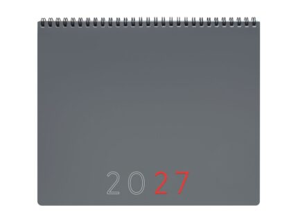 Finocam Planificador de Sobremesa Internacional - Anual 2027 - Mes Vista - 250x200mm - Espiral Doble - Tapa de Polipropileno - Esquinas Microperforadas - Papel de 190g/m2 - Color Gris