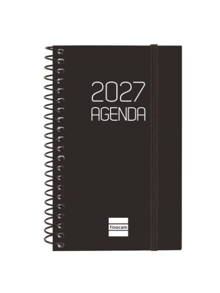 Finocam Espiral Basics Opaque Agenda - Anual 2027 - Semana Vista Horizontal - Formato E3 - 79x127mm - Espiral - Tapa de Polipropileno - Esquinas Microperforadas - Papel de 80g/m2 - Color Negro