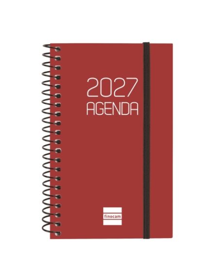 Finocam Espiral Basics Opaque Agenda - Anual 2027 - Semana Vista Horizontal - Formato E3 - 79x127mm - Espiral - Tapa de Polipropileno - Esquinas Microperforadas - Papel de 80g/m2 - Color Burdeos
