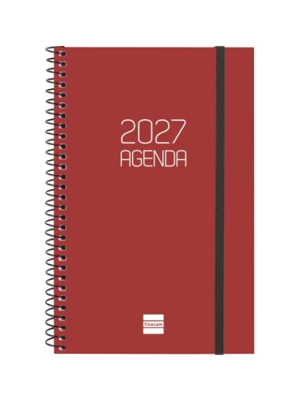 Finocam Espiral Basics Opaque Agenda - Anual 2027 - Semana Vista Horizontal - Formato E5 - 117x181mm - Espiral - Tapa de Polipropileno - Esquinas Microperforadas - Papel de 80g/m2 - Color Burdeos