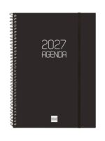 Finocam Espiral Basics Opaque Agenda - Anual 2027 - Semana Vista Horizontal - Formato E10 - 155x212mm - Espiral - Tapa de Polipropileno - Esquinas Microperforadas - Papel de 80g/m2 - Color Negro