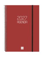 Finocam Espiral Basics Opaque Agenda - Anual 2027 - Semana Vista Horizontal - Formato E10 - 155x212mm - Espiral - Tapa de Polipropileno - Esquinas Microperforadas - Papel de 80g/m2 - Color Burdeos