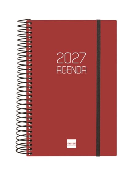 Finocam Espiral Basics Opaque Agenda - Anual 2027 - 1 Dia por Pagina - Formato E5 - 117x181mm - Espiral - Tapa de Polipropileno - Esquinas Microperforadas - Papel de 70g/m2 - Color Burdeos