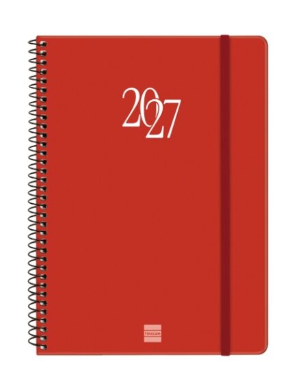 Finocam Espiral Basics My Agenda - Anual 2027 - Semana Vista Horizontal - Formato E10 - 155x212mm - Espiral - Tapa Dura de Carton Forrado - Esquinas Microperforadas - Papel de 80g/m2 - Color Rojo