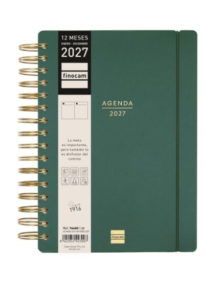 Finocam Haiku Agenda - Anual 2027 - 1 Dia por Pagina - Formato E10 - 155x212mm - Espiral Doble - Tapa Dura de Tacto Suave - Goma Elastica - Papel de 95g/m2 - Color Verde