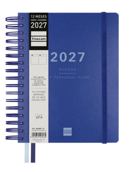 Finocam Tempus Agenda - Anual 2027 - 1 Dia por Pagina - 155x217mm - Espiral Doble - Tapa Extradura de Polipropileno - 2 Cintas Marcapaginas - Papel Crema de 80g/m2 - Color Azul