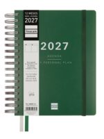 Finocam Tempus Agenda - Anual 2027 - 1 Dia por Pagina - 155x217mm - Espiral Doble - Tapa Extradura de Polipropileno - 2 Cintas Marcapaginas - Papel Crema de 80g/m2 - Color Verde