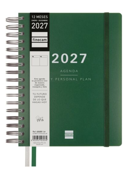 Finocam Tempus Agenda - Anual 2027 - 1 Dia por Pagina - 155x217mm - Espiral Doble - Tapa Extradura de Polipropileno - 2 Cintas Marcapaginas - Papel Crema de 80g/m2 - Color Verde
