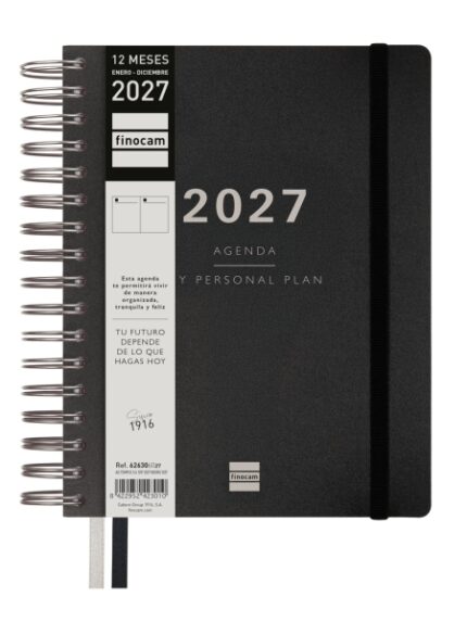 Finocam Tempus Agenda - Anual 2027 - 1 Dia por Pagina - 155x217mm - Espiral Doble - Tapa Extradura de Polipropileno - 2 Cintas Marcapaginas - Papel Crema de 80g/m2 - Color Negro