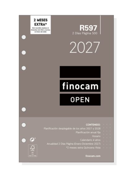 Finocam R597 Recambio para Agenda Open - Anual 2027 - 2 Dias por Pagina - Formato 500 - 117x181mm - 6 Taladros - Papel de 80g/m2 - Color Blanco