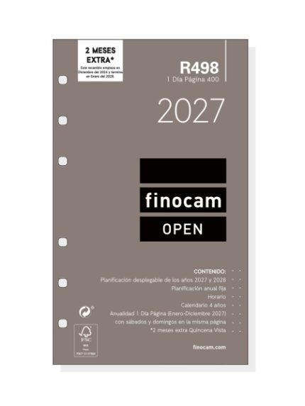 Finocam R498 Recambio para Agenda Open - Anual 2027 - 1 Dia por Pagina - Formato 400 - 91x152mm - 6 Taladros - Papel de 70g/m2 - Color Blanco