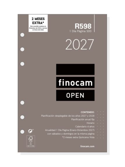 Finocam R598 Recambio para Agenda Open - Anual 2027 - 1 Dia por Pagina - Formato 500 - 117x181mm - 6 Taladros - Papel de 70g/m2 - Color Blanco
