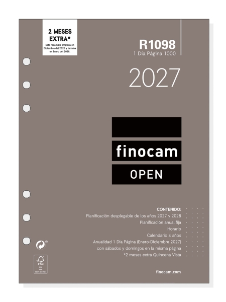 Finocam R1098 Recambio para Agenda Open - Anual 2027 - 1 Dia por Pagina - Formato 1000 - 155x215mm - 6 Taladros - Papel de 70g/m2 - Color Blanco Finocam R1098 Recambio para Agenda Open - Anual 2027 - 1 Dia por Pagina - Formato 1000 - 155x215mm - 6 Taladros - Papel de 70g/m2 - Color Blanco