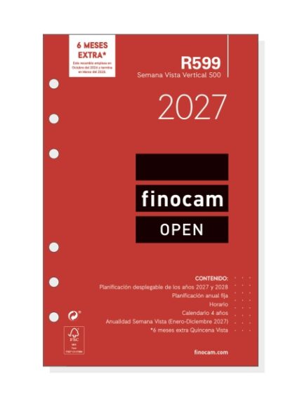 Finocam R599 Recambio para Agenda Open - Anual 2027 - Semana Vista Vertical - Formato 500 - 117x181mm - 6 Taladros - Papel de 80g/m2 - Color Blanco