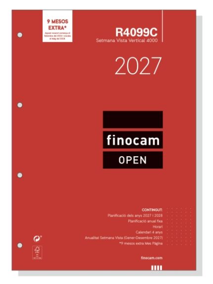 Finocam R4099C Recambio para Agenda Open en Catalan - Anual 2027 - Semana Vista Vertical - Formato A4 - 210x297mm - Papel de 80g/m2 - Color Blanco